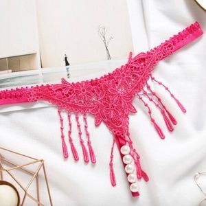 Hot Pink 5 Pearl T Back G String Open crotch Panties with embroidery